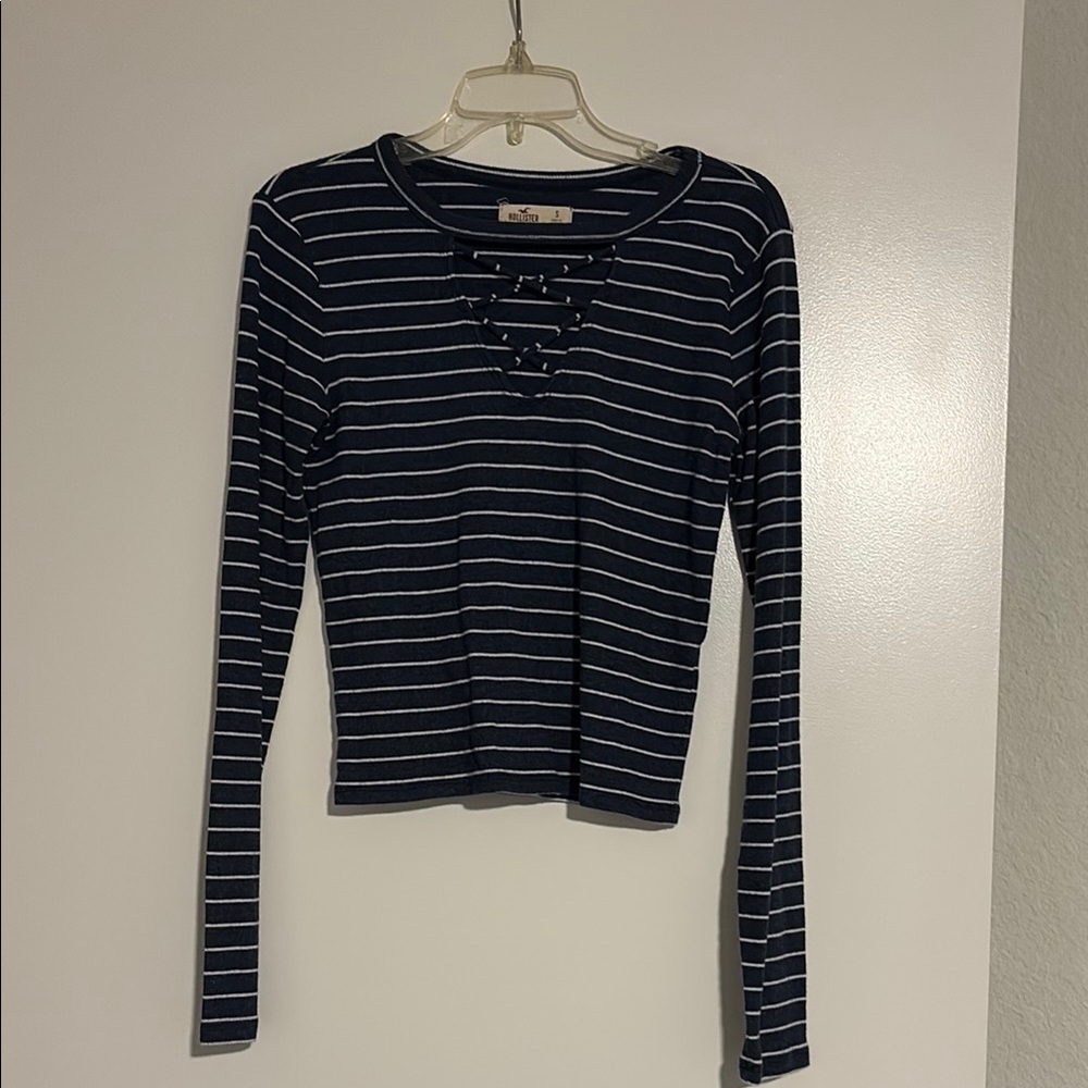 Striped Lace-Up Long Sleeve Top - Navy